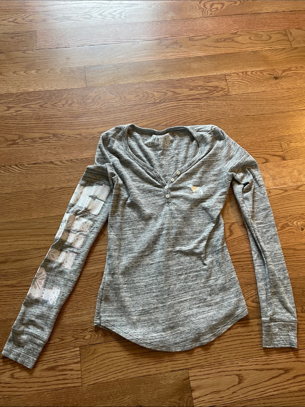 PINK Victoria's Secret Gray Long-Sleeve Henley with Sleeve Graphics